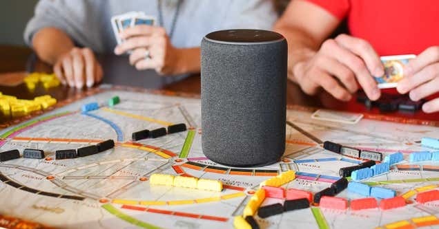 An image of a board game and Amazon Alexa